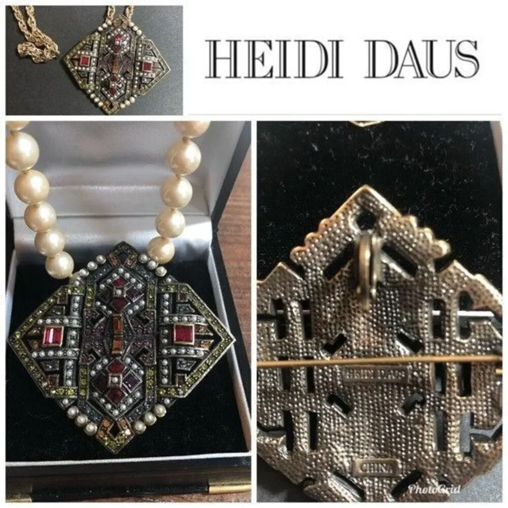 RETIRED “HEIDI DAUS” Multi Stone Brooch Pin/Pearl Enhancer Necklace